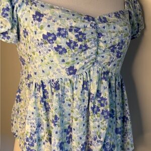 Babydoll ruched linen tiered cotton rayon blend flowy cornflower blue&white top